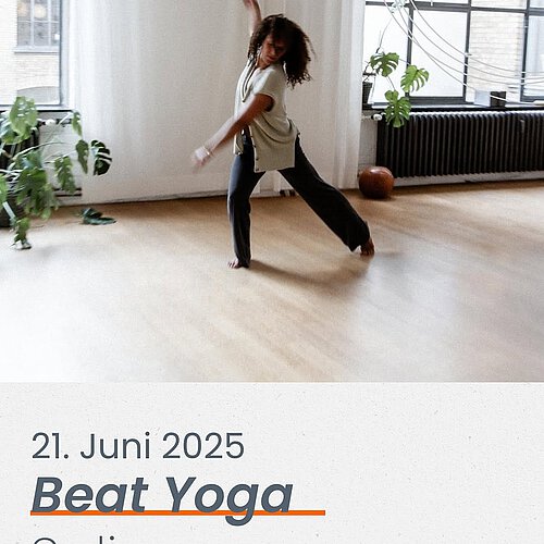 Photo shared by Wᴇʟᴄᴏᴍᴇ Hᴏᴍᴇ on May 26, 2025 tagging @ninadoeblin. May be an image of 1 person, practicing yoga, dancing and text that says 'the pra practice 21. Juni 2025 Beat Yoga Solingen'.